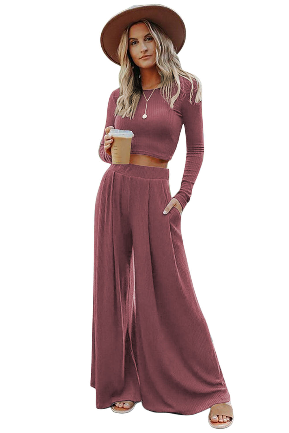 Black Plain Ribbed Crop Top & Wide Leg Pants Two Piece Pants Set