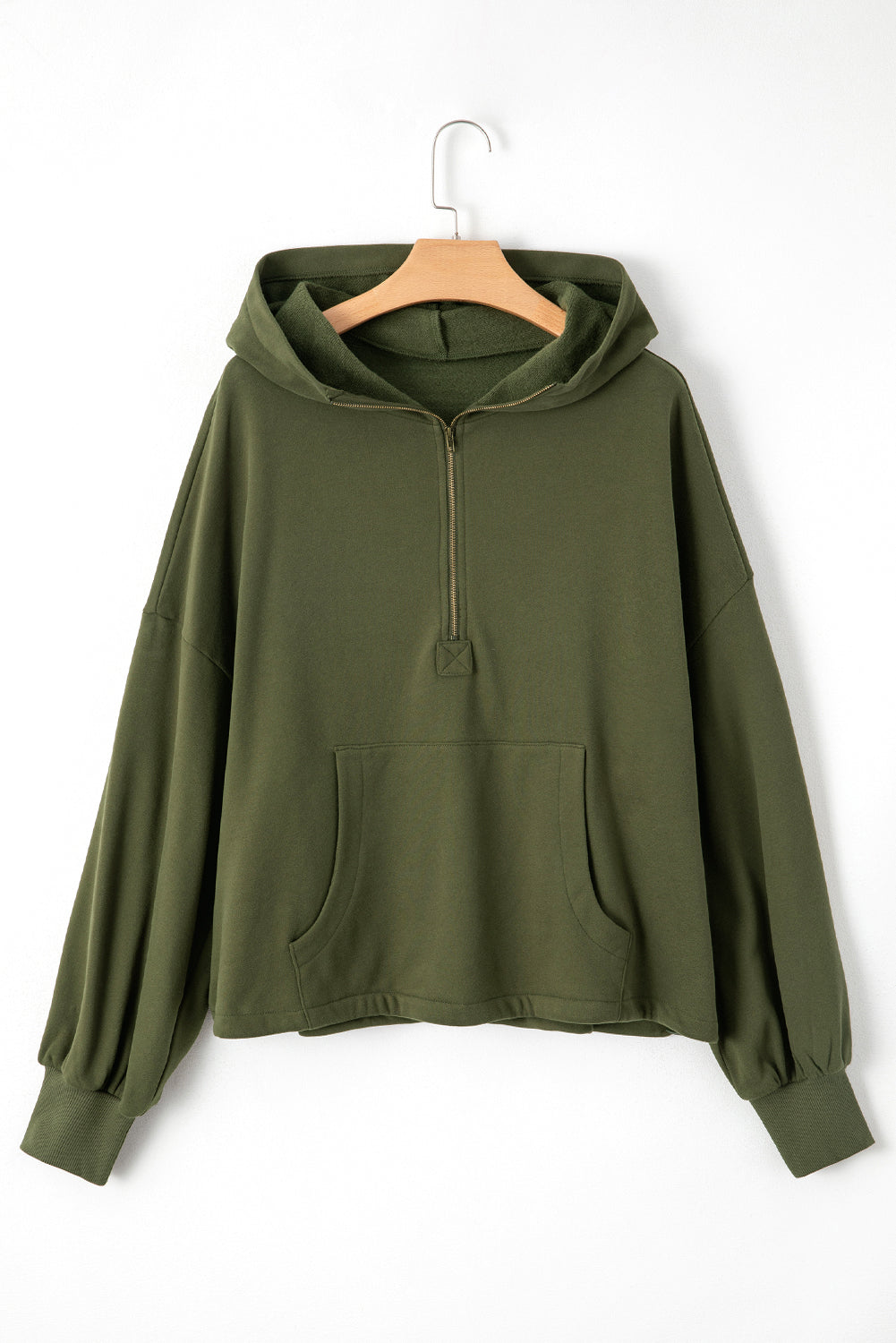 Smoke Green Half Zipper Kangaroo Pockets Drop Shoulder Hoodie