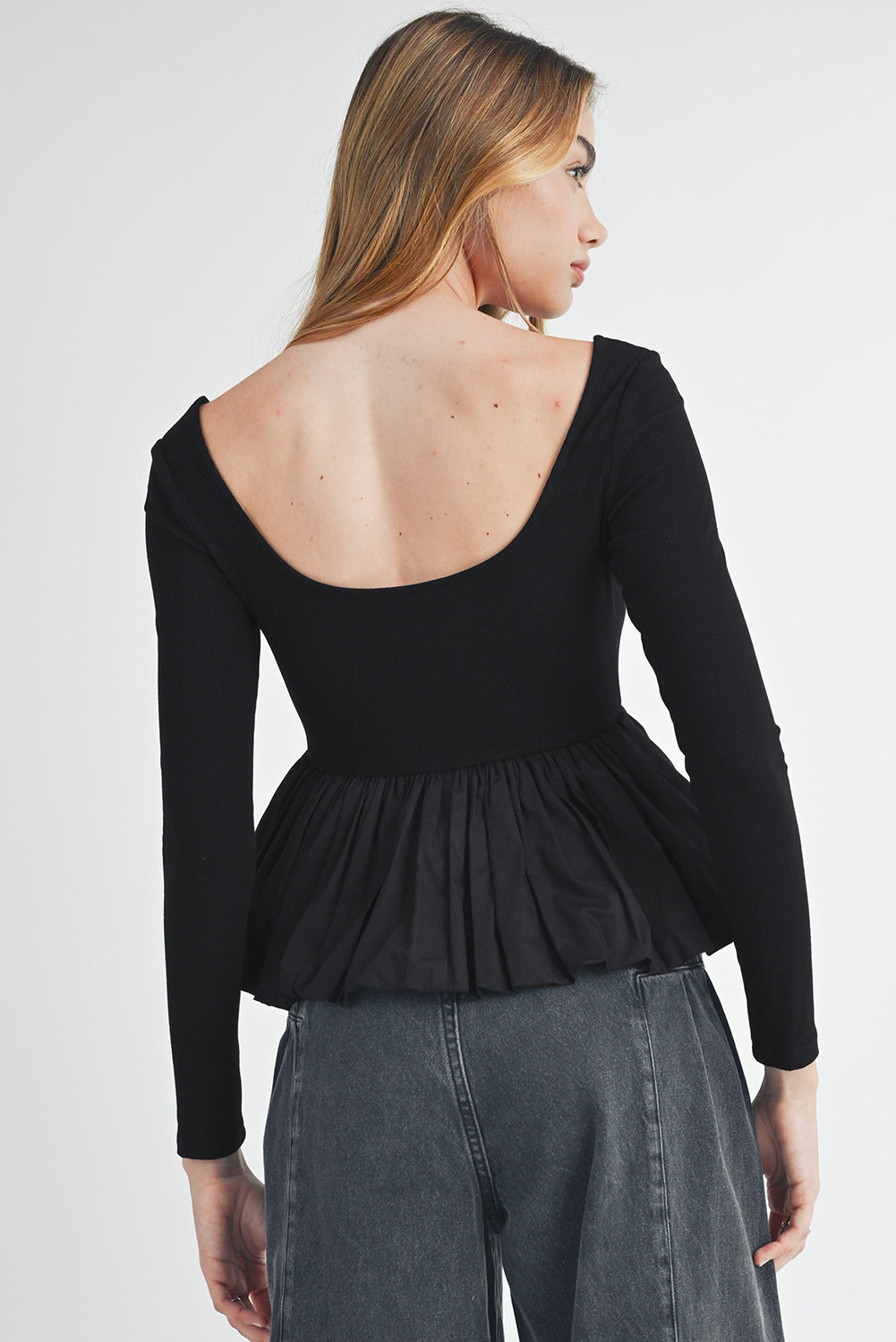 Black Pleated Hem Long Sleeve Ribbed Knit Top