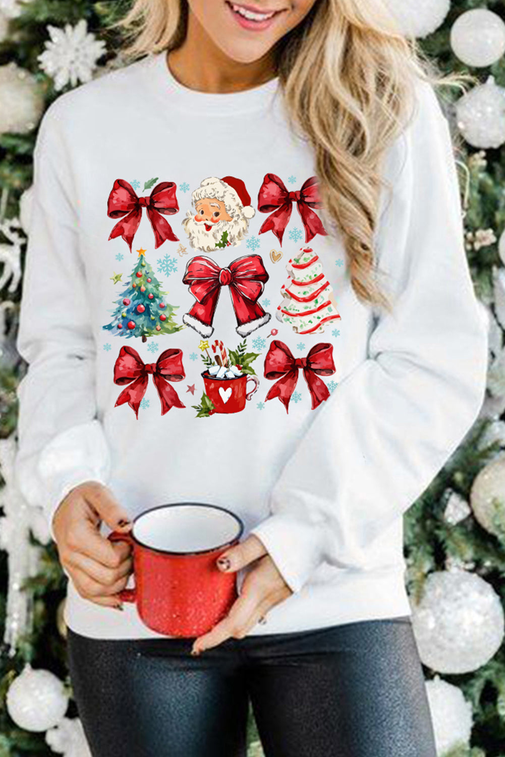 Beige Christmas Tree Bowknot Santa Clause Graphic Sweatshirt