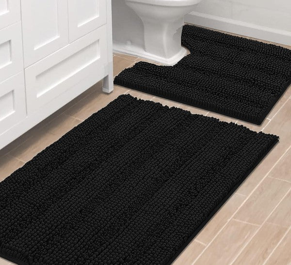 2PC Black Soft Cozy Plush Chenille Bath Mat Set