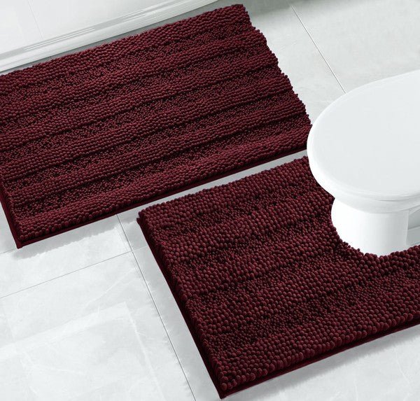 2PC Burgundy Soft Cozy Plush Chenille Bath Mat Set - Cocoa Yacht Club