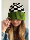 Spinach Green Checkered Color Block Unisex Winter Beanie Hat