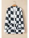 Black Checkered Waffle Knit Thumbhole Long Sleeve Cardigan