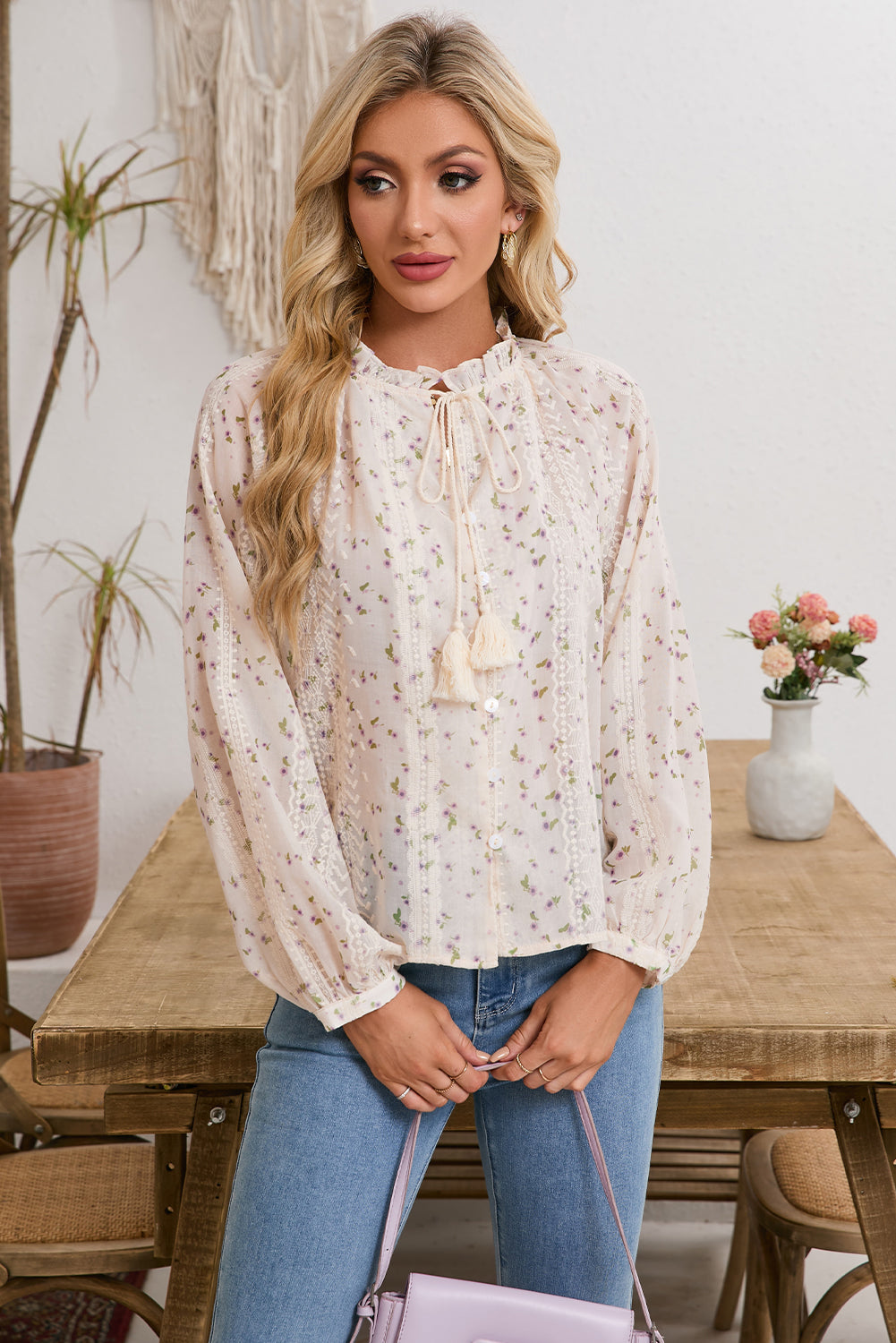 Red Ditsy Floral Lace Applique Bubble Sleeve Blouse