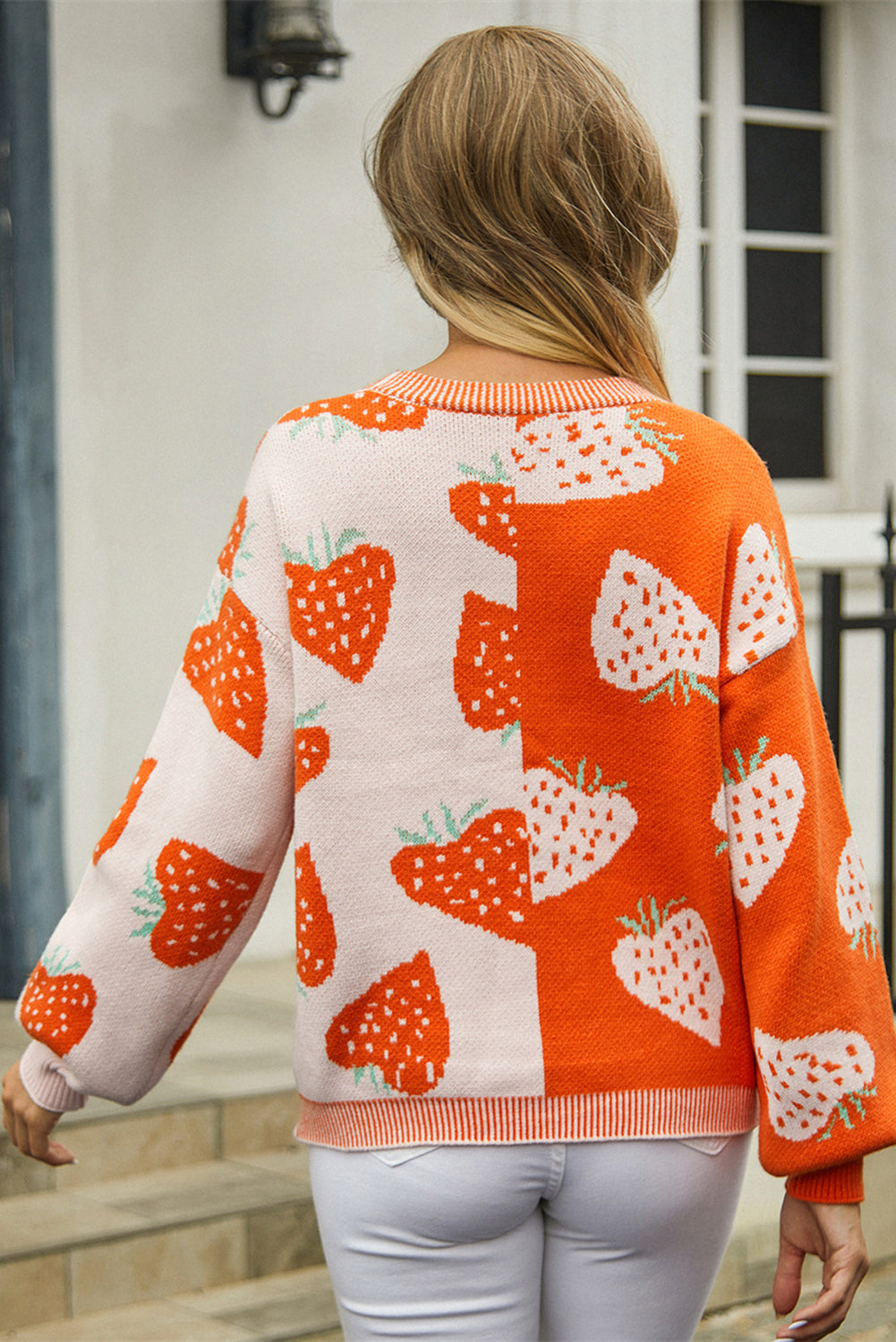 Orange Strawberry Print V-Neck Colorblock Cardigan