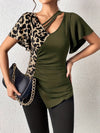 Ruched Leopard Flutter Sleeve T-Shirt