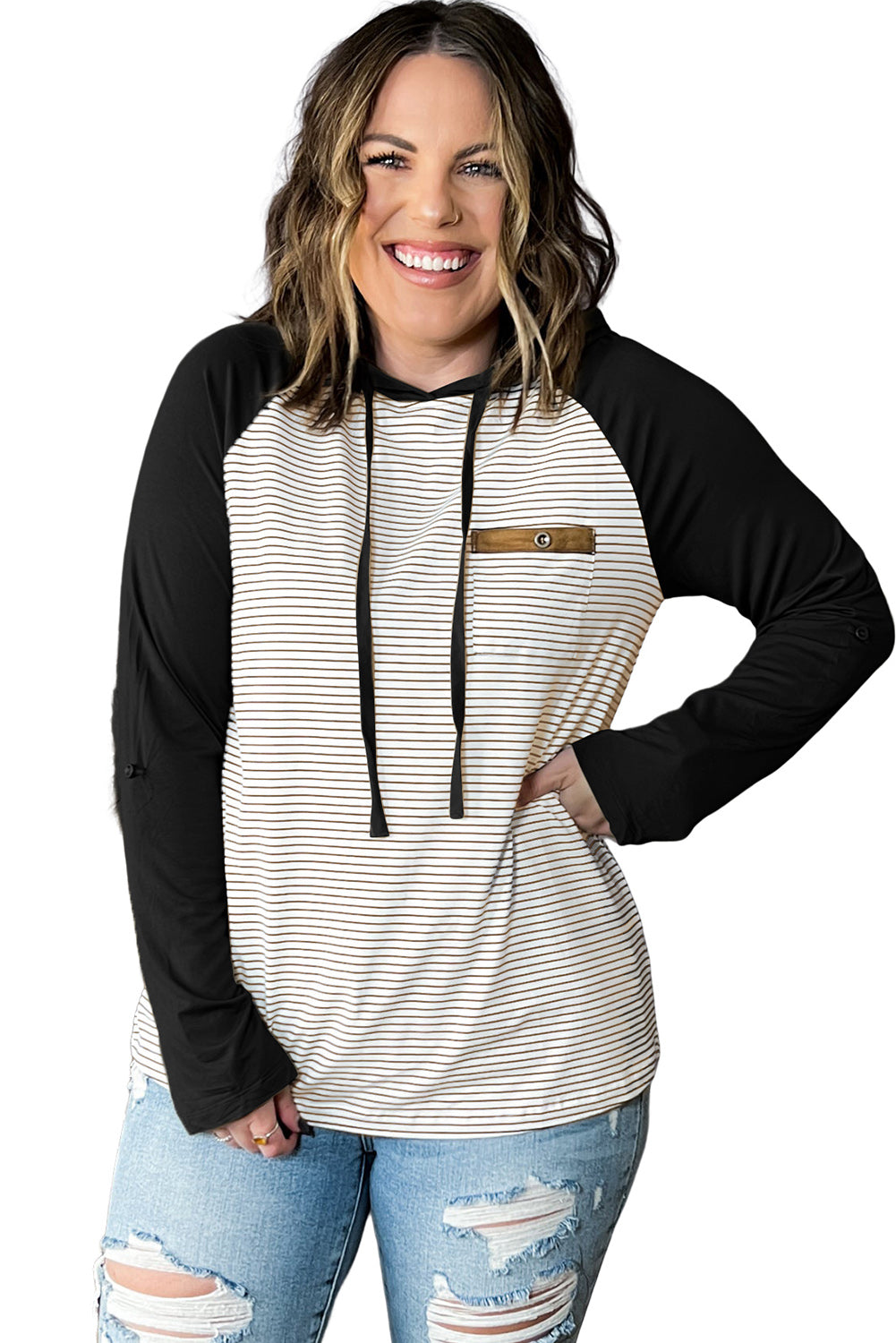 Green Striped Raglan Sleeve Pocket Plus Size Hoodie