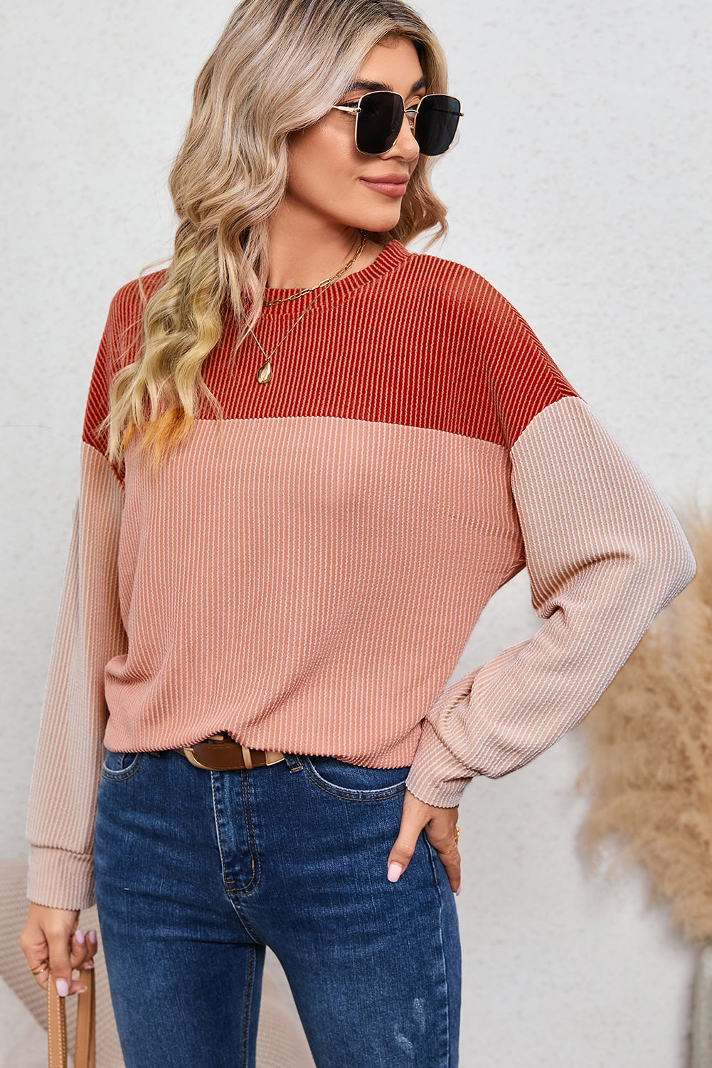 Red Color Block Ribbed Loose Long Sleeve Top