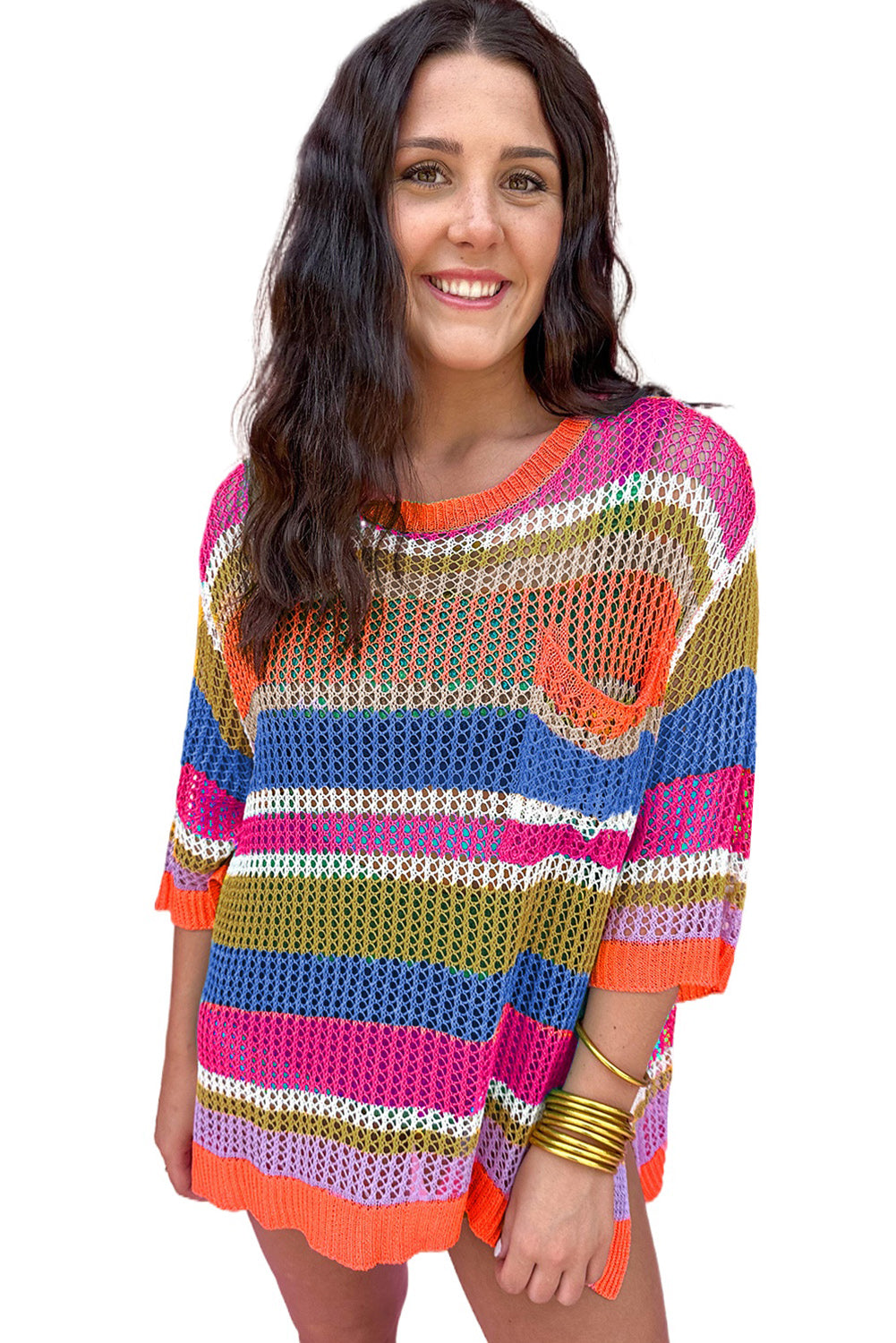 Pink Striped Color Block Hollow Crochet 3/4 Sleeve T Shirt