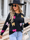 Angel Wings Bow Graphic Round Neck Long Sleeve Sweater - Cocoa Yacht Club