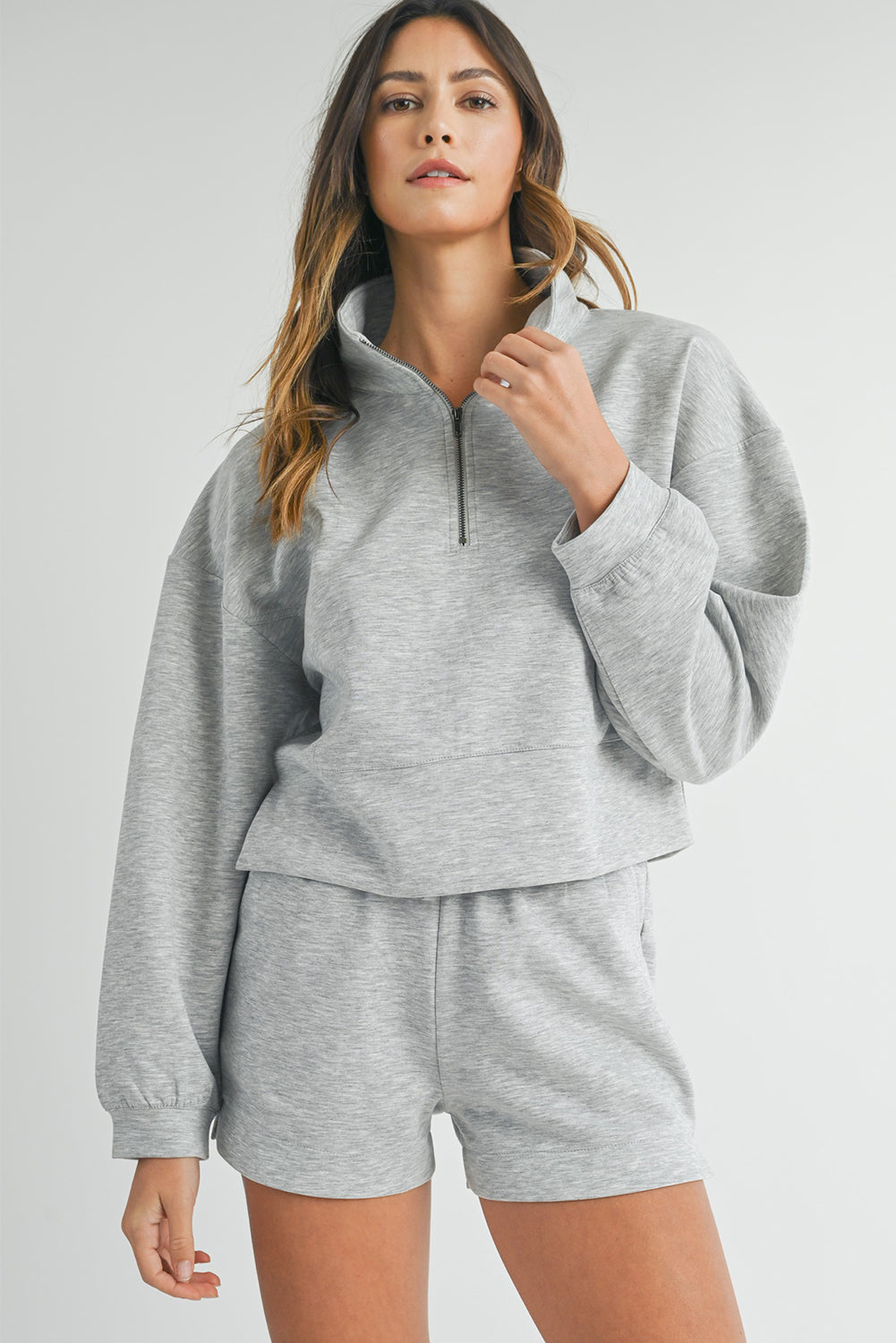 Light Grey Plain Quarter-Zip Pullover Top and Shorts Set