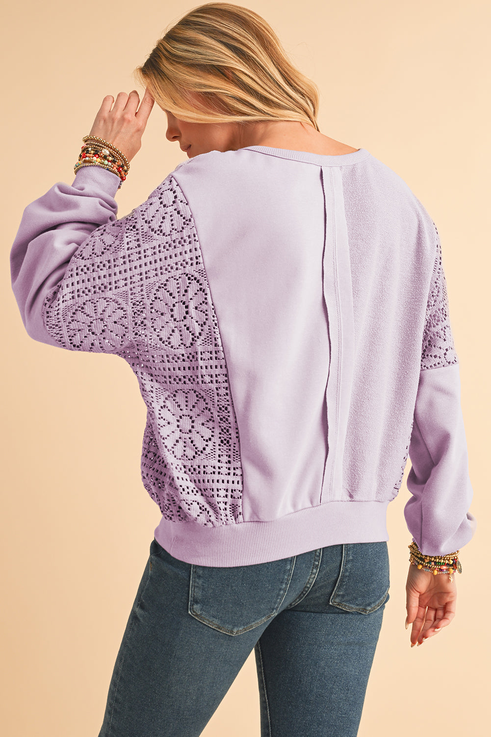 Parchment Crochet Patchwork Exposed Seam Ribbed Trim Sweatshirt