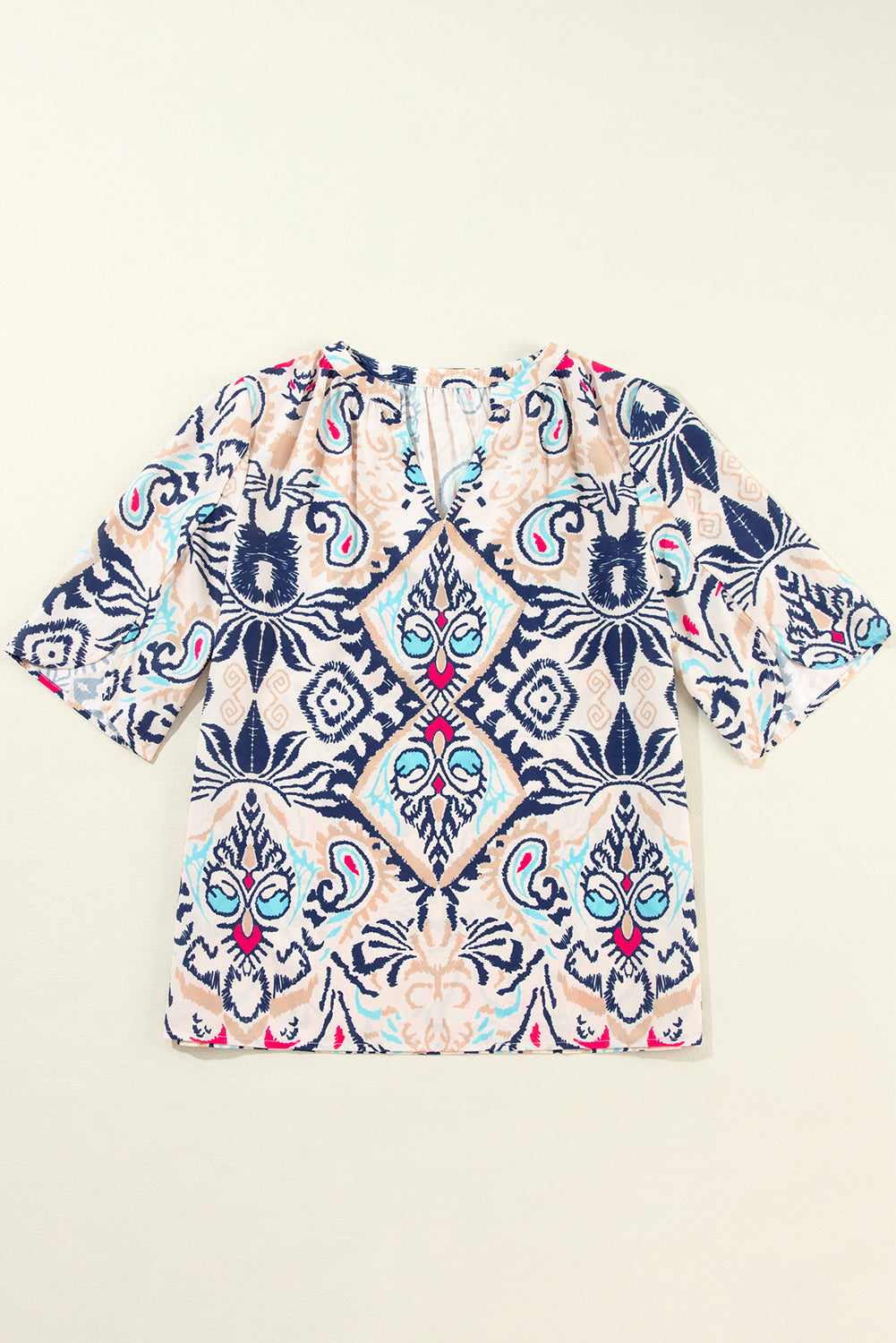 White Abstract Print V-Neck Half Tulip Sleeve Blouse