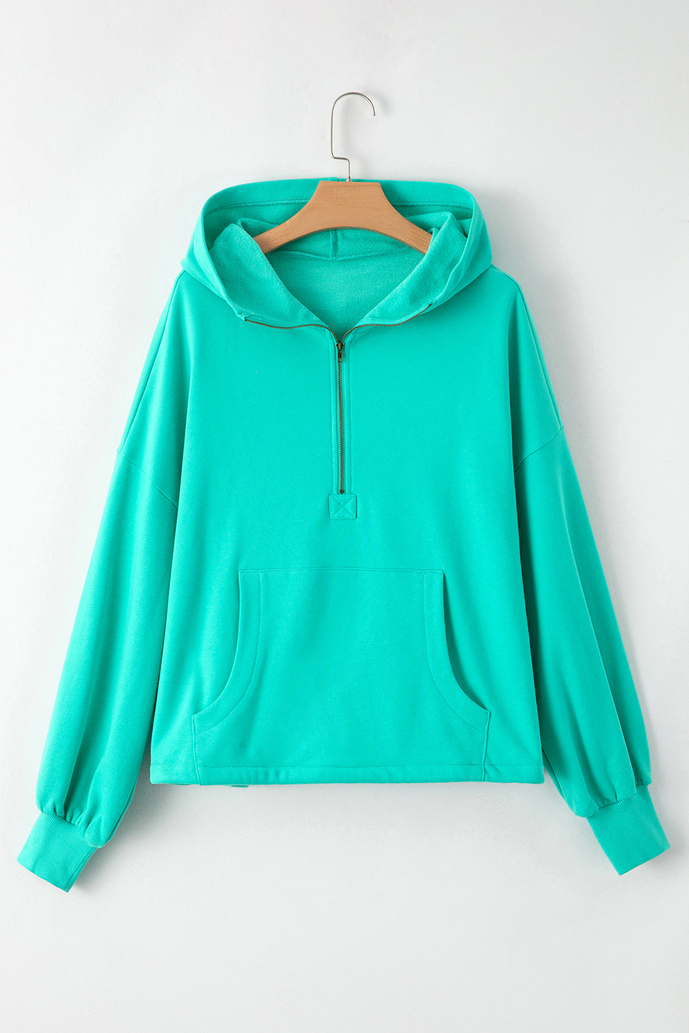 Smoke Green Half Zipper Kangaroo Pockets Drop Shoulder Hoodie