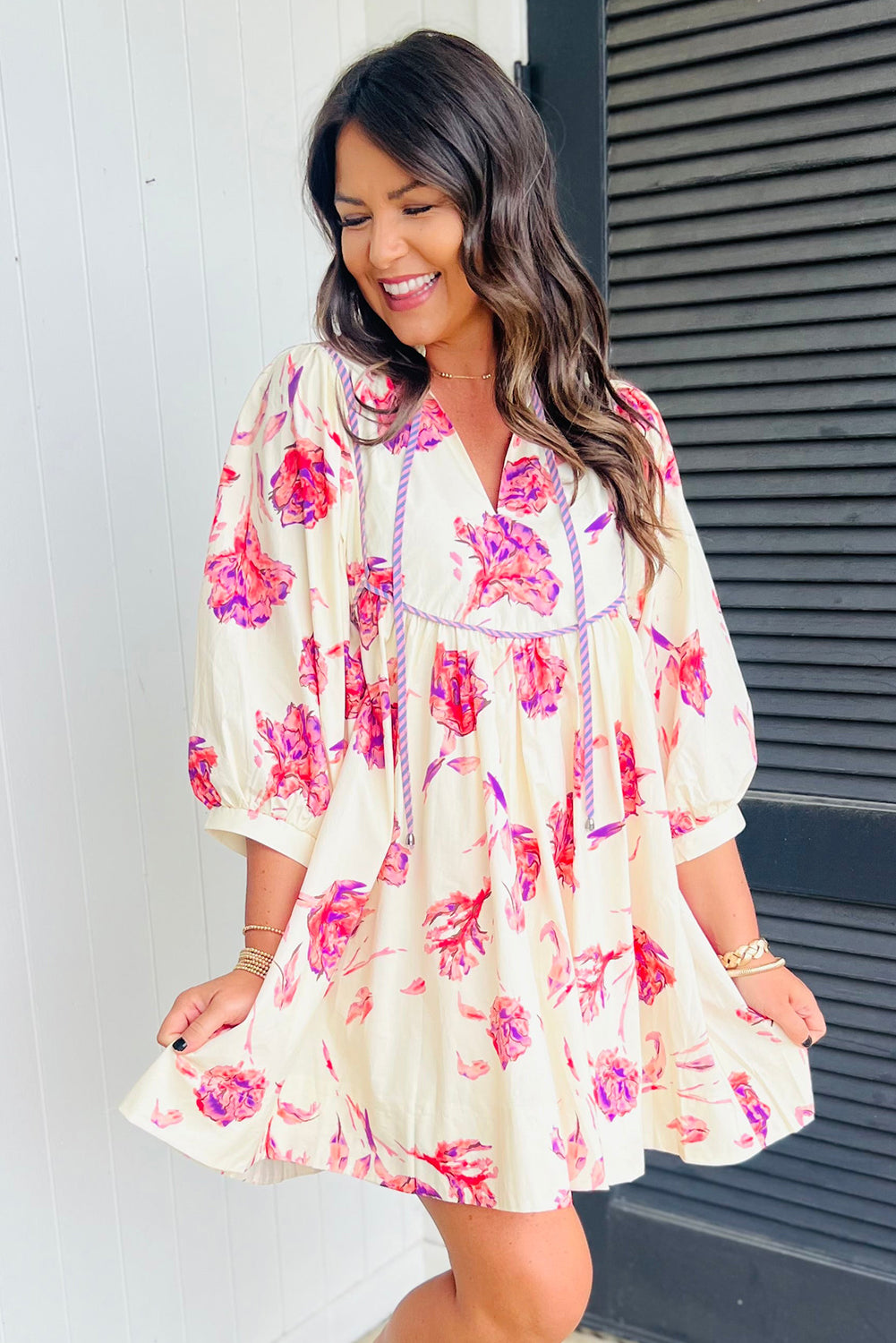 Pink Floral Print Balloon Sleeve V Neck Mini Dress