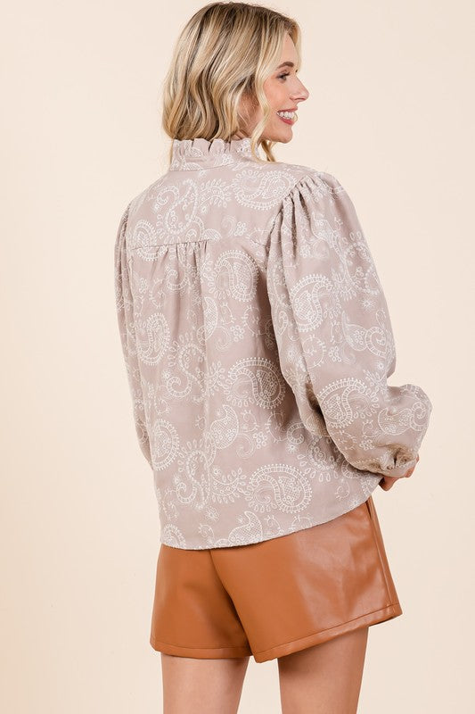 Plus Paisley Eyelet Laced Button-Up Blouse