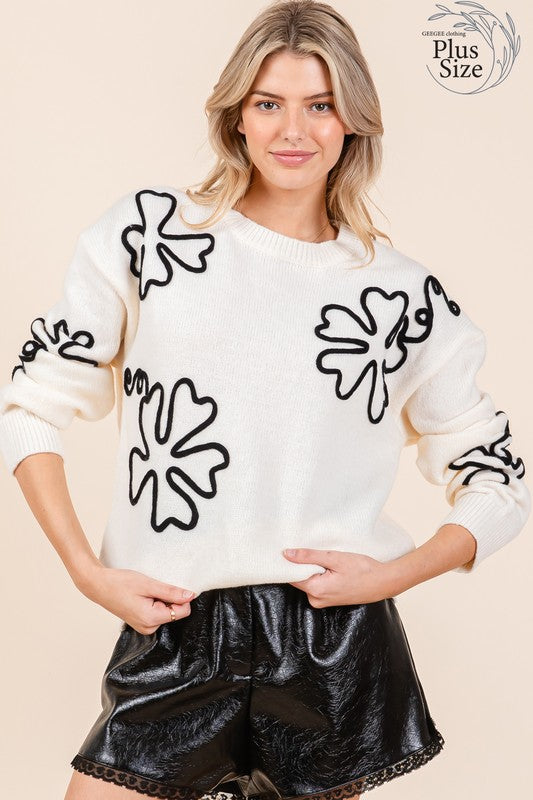 Plus Floral Embroidered Knit Sweater