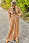 Clay Ribbed Short Puff Sleeve Top and Wide Leg Pants Set