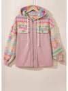 Light Pink Geometric Patchwork Hooded Zip Up Jacket