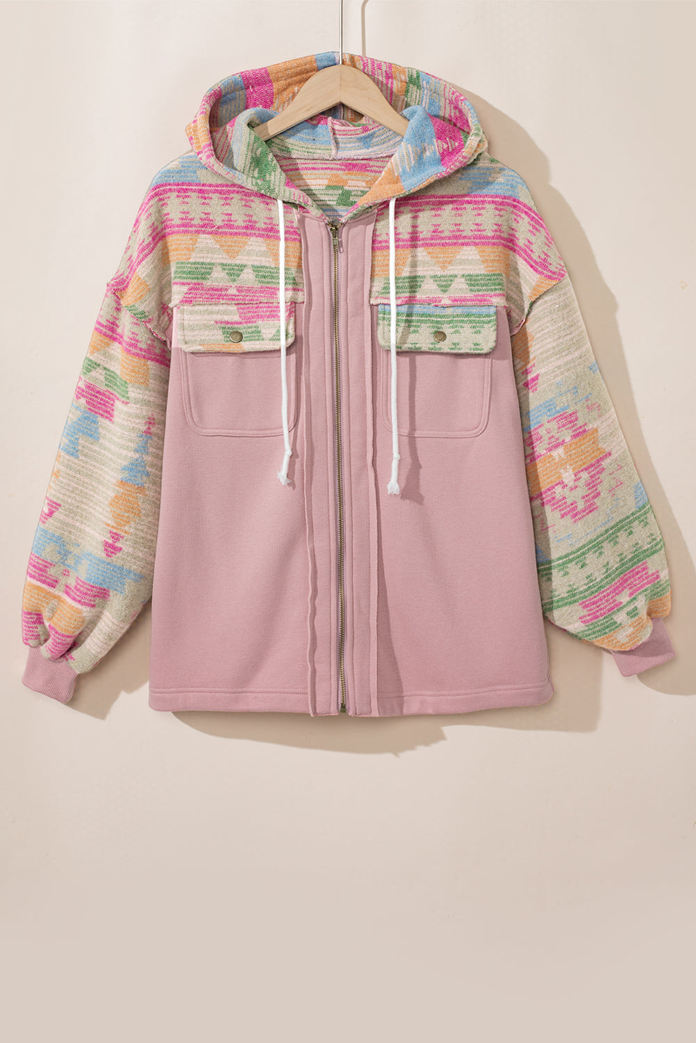 Light Pink Geometric Patchwork Hooded Zip Up Jacket