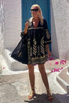 Black Print V Neck Flared Sleeve Dress