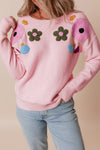 Crochet Flower Round Neck Dropped Shoulder Sweater - Cocoa Yacht Club