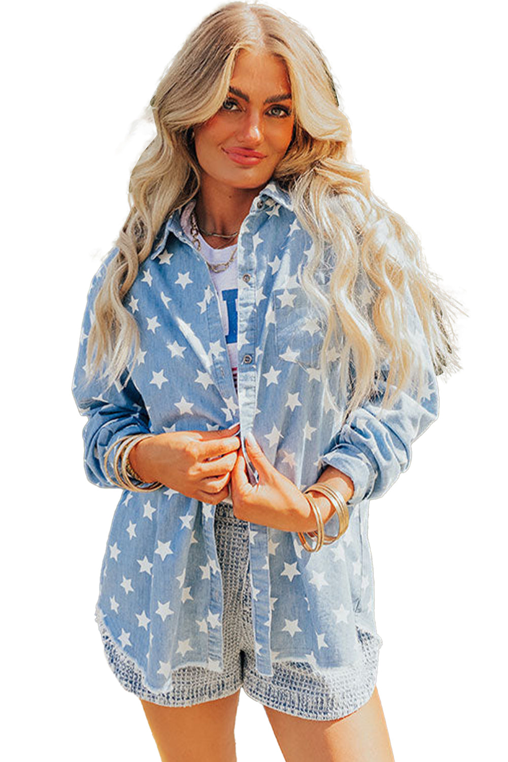 Sky Blue Star Print Raw Hem Denim Jacket