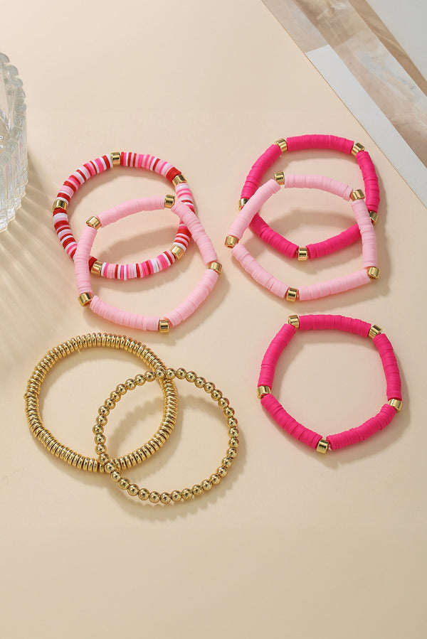 Bright Pink 7pcs Color Block Beaded Bracelet Set