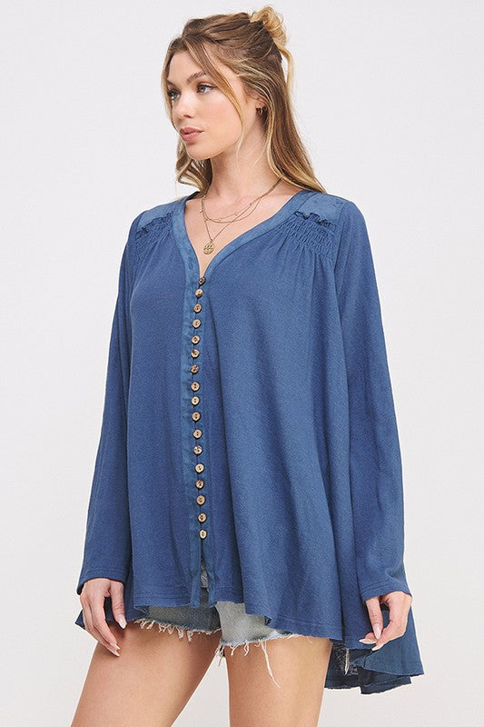 PLUS LONG SLV V-NECK OVERSIZED BUTTON DOWN TUNIC