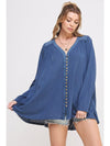 PLUS LONG SLV V-NECK OVERSIZED BUTTON DOWN TUNIC