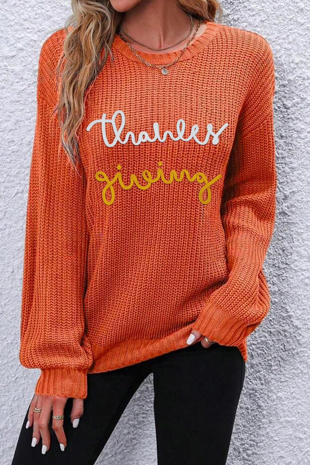 Red Sandalwood Thanksgiving Letter Graphic Crew Neck Sweater