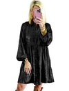 Black Metallic Sheen Puff Sleeve Button Up Mini Shirt Dress