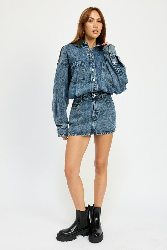 BUTTON UP DENIM MINI DRESS