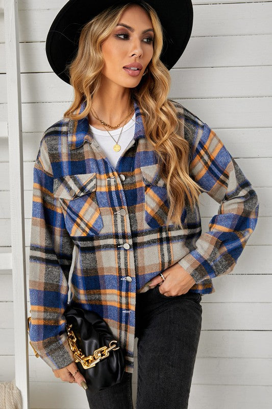 Women Geometric Plaid Print Pocketed Shacket