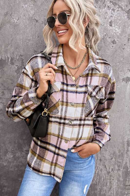 Women Geometric Plaid Print Pocketed Shacket