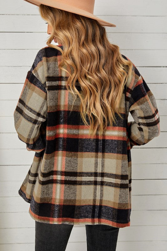 Women Geometric Plaid Print Pocketed Shacket