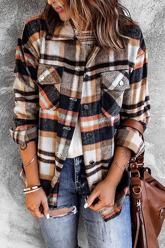 Women Geometric Plaid Print Pocketed Shacket