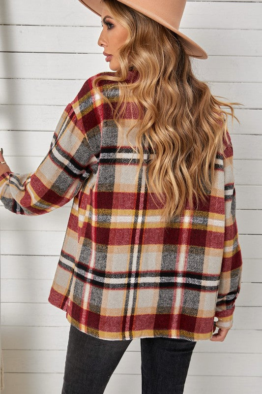Women Geometric Plaid Print Pocketed Shacket