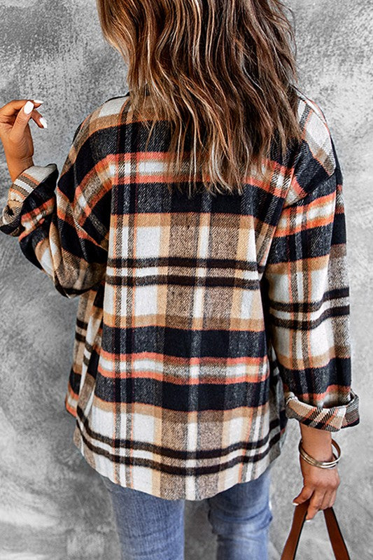 Women Geometric Plaid Print Pocketed Shacket