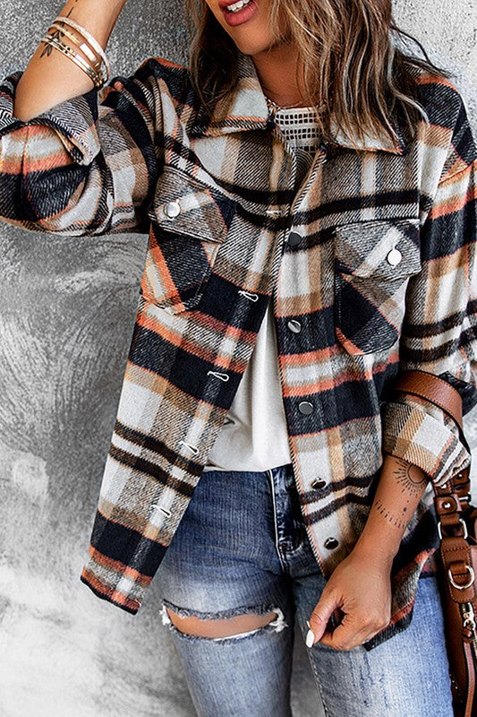 Women Geometric Plaid Print Pocketed Shacket