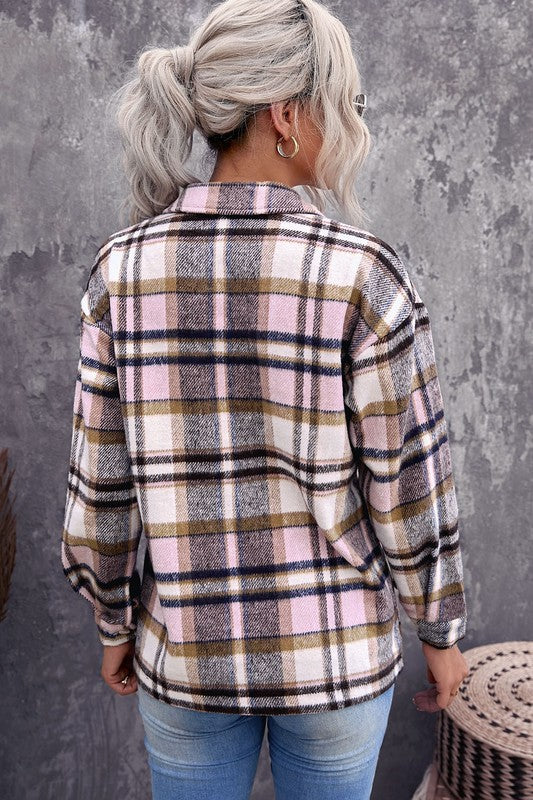 Women Geometric Plaid Print Pocketed Shacket