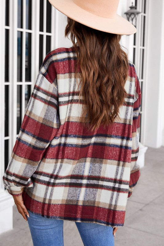 Women Geometric Plaid Print Pocketed Shacket