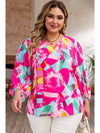 Pink Plus Size Graffiti Print Split Neck Puff Sleeve Blouse