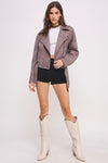 PLUS BELTED LONG SLEEVE ZIPPERED SUEDE MOTO JACKET