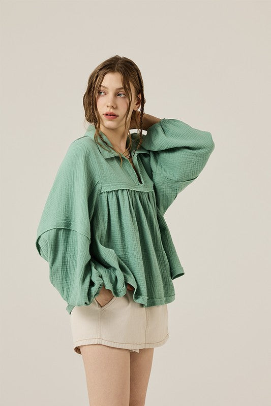 Plus V-neck Bubble Slv Cotton gauze Babydoll Top