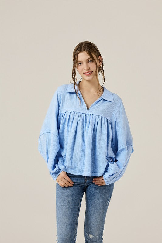 Plus V-neck Bubble Slv Cotton gauze Babydoll Top