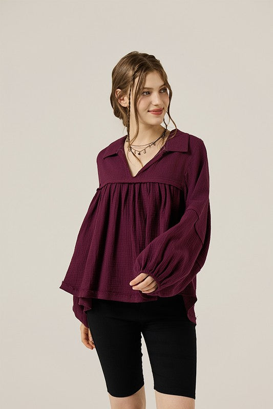 Plus V-neck Bubble Slv Cotton gauze Babydoll Top