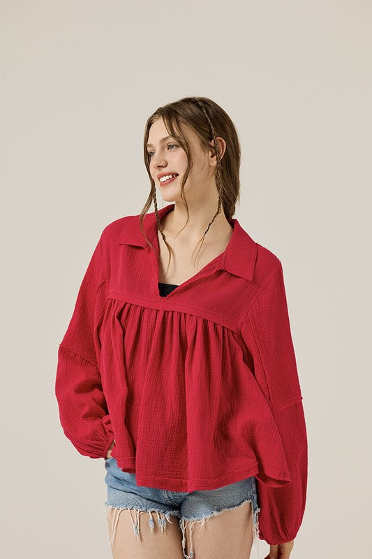 Plus V-neck Bubble Slv Cotton gauze Babydoll Top