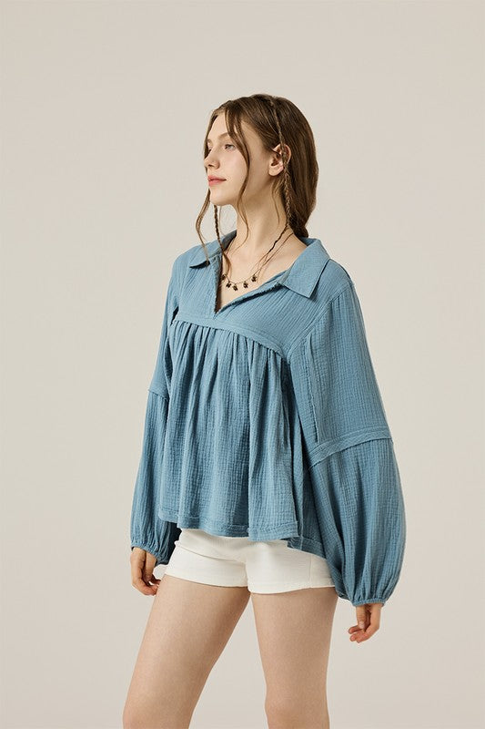Plus V-neck Bubble Slv Cotton gauze Babydoll Top